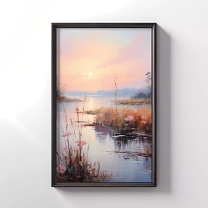 Oil Painting Wildflowers, Lake Landscape Art, Wildflowers Wall Art, Printable Sunset, Digital Download, Wall Decor, Subdued Colors