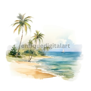 Aquarell Strand Clipart, Meer Landschaft, Clipart, PNG-Format, Kartenherstellung, Papierschifffahrt, Scrapbooking