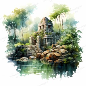 Aquarelle ruines antiques Clipart, paysage de la jungle, paysages de la jungle, téléchargement numérique, fabrication de cartes, création de papier, scrapbooking, Format PNG