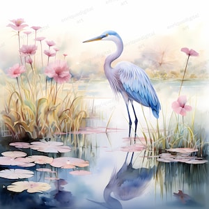 Watercolor Egret Clipart, Marshland Landscape, Egret PNG, Watercolor Animal, Card Making, Printable Art, Wall Art, Paper Crafting