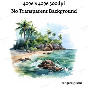 Aquarelle Tropical Clipart, Paysage côtier, Fabrication de cartes, Fabrication de papier, Téléchargement numérique, Art imprimable, Art mural, Format PNG