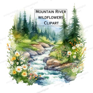 Aquarel Mountain River Wildflowers Clipart, Landschap clipart, wandelen, natuurtaferelen, kamperen, Instant Download, Wildernis clipart