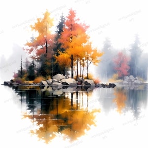 Watercolor Autumn Island Clipart, Landscape Art, Printable Wall Art, Wall Print, Digital Download, Downloadable Art, Nature Art Prints