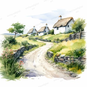 Watercolor Countryside Clipart, Village Landscape, Nature Scene, Digital Download, Instant Download, PNG, Printable Clipart, Card Making
