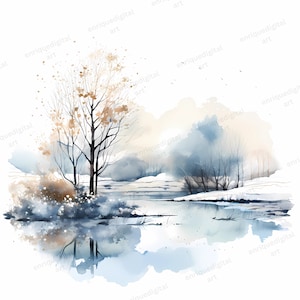 Clipart acquerello lago invernale, paesaggio lacustre, lago invernale stampabile, download digitale, formato PNG, creazione di carta, creazione di cartoline