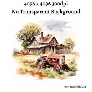 Clipart trattore ad acquerello, paesaggio di campagna, scena naturale, download digitale, download istantaneo, formato PNG, stampabile, creazione di cartoline