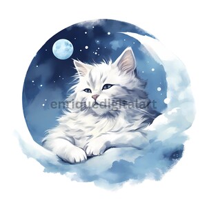 Clipart acquerello gatto lunare, creazione di cartoline, pacchetto di clipart, stampa digitale, clipart stampabile, creazione di carta, creazione digitale, PNG trasparente