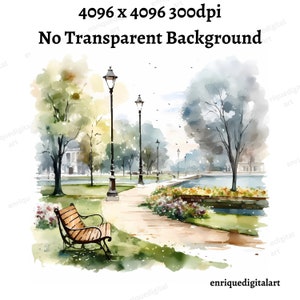 Aquarelle City Park Clipart, Paysage, Scène nature, Téléchargement numérique, Téléchargement instantané, Format PNG, Clipart imprimable, Fabrication de cartes