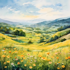 Acuarela Rolling Hills Clipart, Paisaje primaveral, Fabricación de tarjetas, Descarga digital, Arte imprimible, Arte de pared, Elaboración de papel, Formato PNG