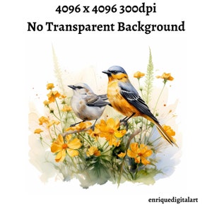 Aquarelle oiseaux Clipart, fleurs sauvages jaunes, scène de la nature, téléchargement numérique, téléchargement instantané, format PNG, clipart imprimable, fabrication de cartes