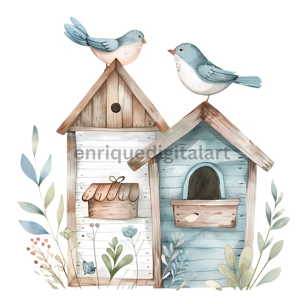 Watercolor Bird House Clipart, Card Making, Clipart Bundle, Digital Print, Printable Clipart, Paper Craft, Digital Crafting, Transparent PNG