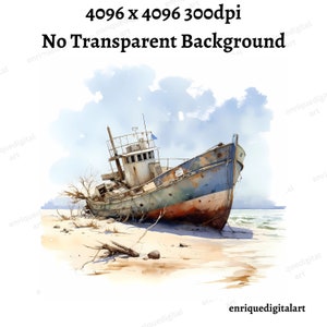 Clipart del naufragio dell'acquerello, paesaggio della spiaggia sabbiosa, scena della natura, download digitale, download istantaneo, formato PNG, stampabile, creazione di cartoline