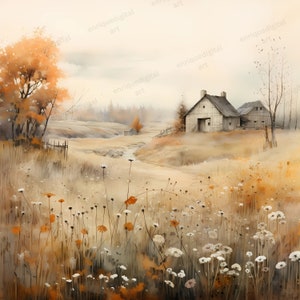 Aquarelle campagne Clipart, paysage, scène de la nature, téléchargement numérique, téléchargement instantané, format PNG, clipart imprimable, fabrication de cartes