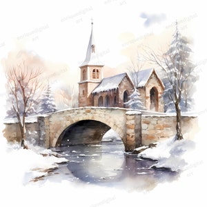 Clipart pont aquarelle, clipart église, paysage d'hiver, fabrication de cartes, téléchargement numérique, oeuvre d'art imprimable, téléchargement immédiat, Format PNG