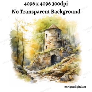 Imágenes prediseñadas de molino de agua destruidas en acuarela, fabricación de tarjetas, elaboración de papel, descarga digital, arte imprimible, arte de pared, descarga instantánea, formato PNG
