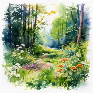 Aquarel bos wilde bloemen clipart, boslandschap, PNG-formaat, digitaal papier, digitale download, afdrukbare clipart, afdrukbaar bos