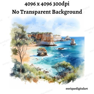 Aquarell Küsten Clipart, Australische Landschaft, Kartenherstellung, Papierherstellung, digitaler Download, druckbare Kunst, Wandkunst, PNG-Format