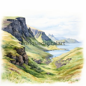 Watercolor Scottish Landscape Clipart, Green Vivid Colors, Printable Images, Images for Card Making, Wall Decorations, Digital Download