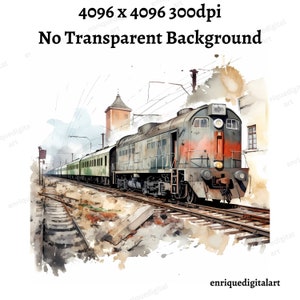 Imágenes prediseñadas de tren de acuarela, paisaje de la estación de tren, escena de la naturaleza, descarga digital, descarga instantánea, formato PNG, imprimible, fabricación de tarjetas