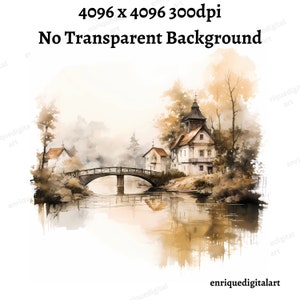 Aquarell Fluss Clipart, Dorf Landschaft, Brücke Szene, digitaler Download, sofortiger Download, PNG Format, druckbare Clipart, Kartenherstellung