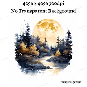 Aquarel rivier clipart, maanverlicht landschap, natuurscène, digitale download, instant download, PNG-formaat, afdrukbare clipart, kaart maken