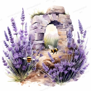 Aquarel lavendel clipart, platteland landschap, natuur scène, digitale download, Instant Download, PNG, afdrukbare clipart, kaart maken