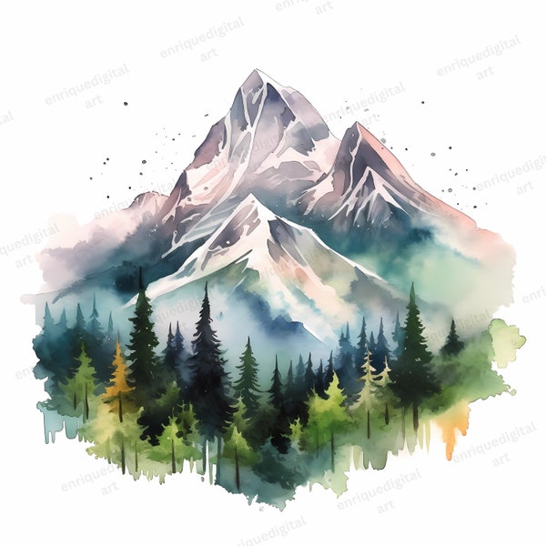 Watercolor Mountain Forest Clipart, Mountain Landscape, Wilderness Clipart, Digital Download, Printable Art, PNG Format, Paper Craft