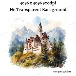 水彩画の城のクリップアート、山の風景、カード作り、ペーパークラフト、デジタルダウンロード、印刷可能なアート、ウォールアート、PNG 形式