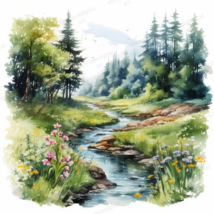 Aquarel Stream Clipart, Wildflowers Landschap, Natuurscène, Digitale Download, Instant Download, PNG, Afdrukbare Clipart, Kaart maken