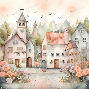 Acuarela peculiar casa clipart, paisaje abstracto, arte infantil, descarga digital, descarga instantánea, formato PNG, imprimible, fabricación de tarjetas