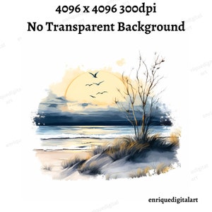 Aquarelle Beach Clipart, Sunset Landscape, Nature Scene, Téléchargement numérique, Téléchargement instantané, Format PNG, Clipart imprimable, Fabrication de cartes