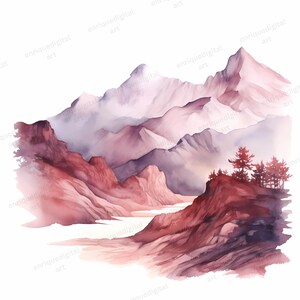 Clipart di montagne ad acquerello, paesaggio montano, immagine PNG, creazione di cartoline, colori bordeaux, arte stampabile, arte della parete, creazione di carta