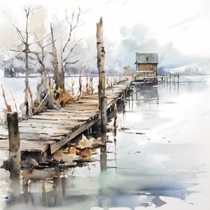 Aquarel Winter Lake Clipart, Winterlandschap, PNG-formaat, Digitaal Papier, Digitale Download, Digitale Prints, Afdrukbaar landschap
