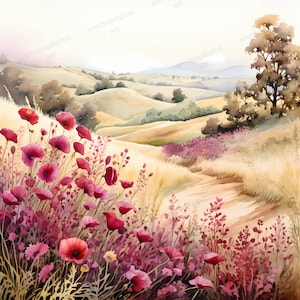 Clipart ad acquerello delle colline ondulate, paesaggio delle colline ondulate, PNG, creazione di cartoline, colori bordeaux, arte stampabile, arte della parete, creazione di carta