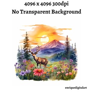 Aquarelle Deer Clipart, Paysage de montagne, Scène nature, Téléchargement numérique, Téléchargement instantané, Format PNG, Clipart imprimable, Fabrication de cartes