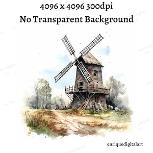 Aquarelle Moulin à vent Clipart, Paysage, Scène de la nature, Téléchargement numérique, Téléchargement instantané, Format PNG, Clipart imprimable, Fabrication de cartes