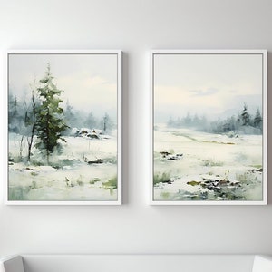 Winter Scenery Digital Prints,  Forest Landscape, Horizontal Painting, Winter Landscape, Set of 2, Digital Download