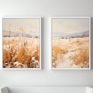 Winter Meadow Painting, Winter Landscape, Digital Download, Printable Art, Winter Scene, Set of 2. JPG Format