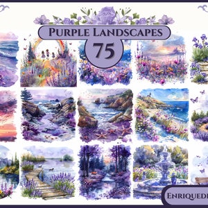 Watercolor Purple Landscapes Cliparts, Card Making Digital Images, Clipart Bundle, Digital Download, Printable Cliparts, JPG Images