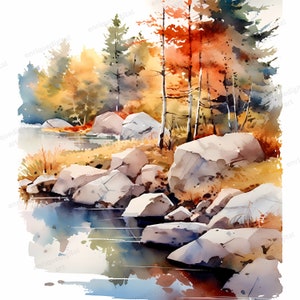 Watercolor Autumn Lake Clipart, Landscape Art, Printable Wall Art, Wall Print, Digital Download, Downloadable Art, Nature Art Prints