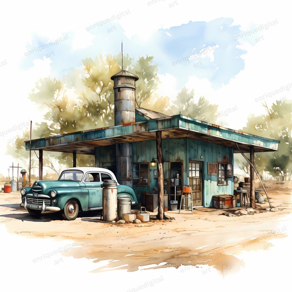 Aquarell Vintage Tankstelle Clipart, rustikales Auto Clipart, digitaler Download, sofortiger Download, PNG Format, druckbare Clipart, Kartenherstellung