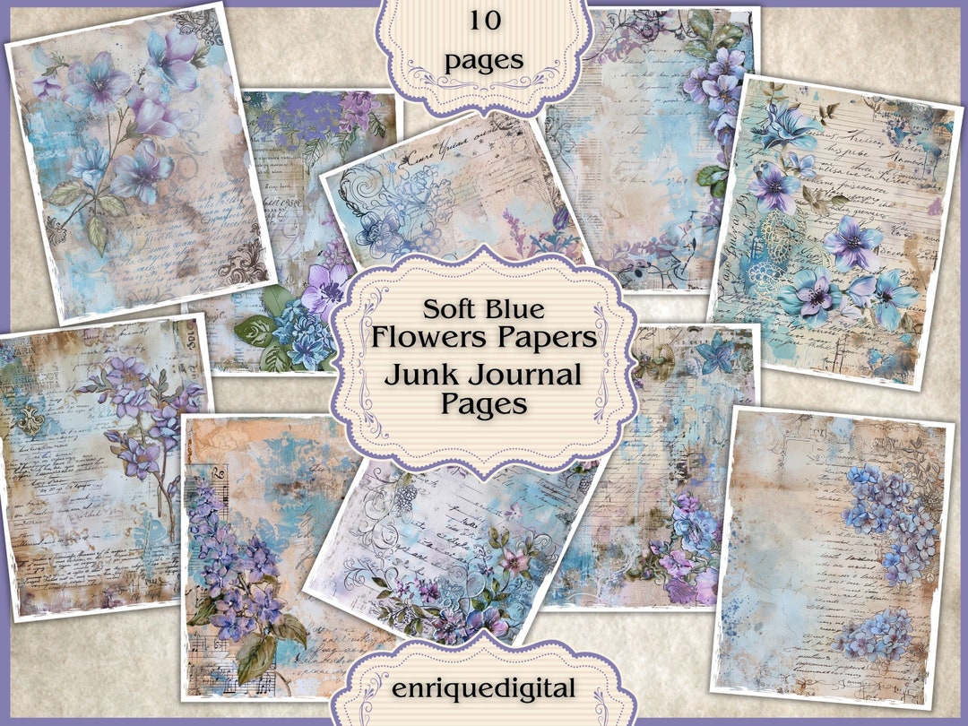 Blue Floral Junk Journal Papers, Paper Crafting, Digital Download, Junk ...