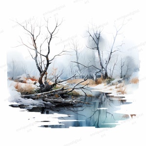 Acuarela Winter Lake Clipart, Paisaje de invierno, Formato PNG, Papel digital, Descarga digital, Imágenes prediseñadas imprimibles, Paisaje imprimible