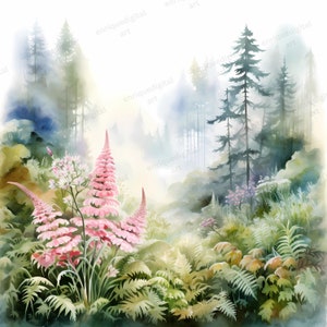 Imágenes Prediseñadas de bosque de acuarela, paisaje forestal, fabricación de tarjetas, descarga digital, arte imprimible, arte de pared, artesanía de papel, formato PNG, colores vivos