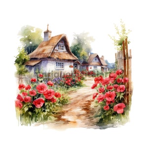 Cottage aquarelle recouvert de fleurs rouges des cliparts, fichiers PNG cottage, campagne des cliparts paysage, téléchargement numérique, paysage de campagne