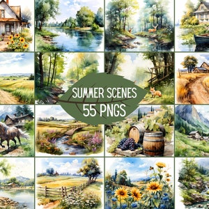 Imágenes prediseñadas de paisaje de verano de acuarela, escena de la naturaleza de verano, paquete de imágenes prediseñadas, descarga digital, impresiones digitales, fabricación de tarjetas, elaboración de papel