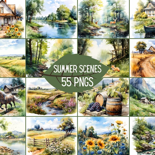 Watercolor Summer Landscape Clipart, Summer Nature Scene, Clipart Bundle, Digital Download, Digital Prints, Card Making, Paper Crafting