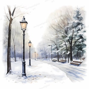 Aquarell Park Pfad Clipart, Winter Landschaft, PNG Format, digitales Papier, digitaler Download, druckbare Clipart, druckbare Landschaft