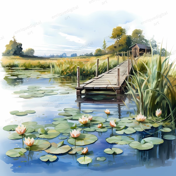 Watercolor Pond Dock Clipart, Nature Landscape Scenes, PNG Format, Digital Paper, Digital Download, Printable Clipart, Printable Landscapes