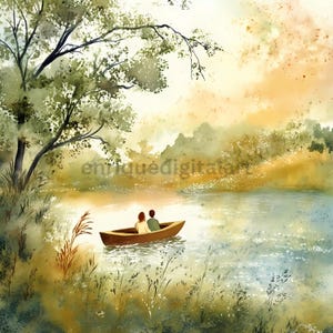 Clipart di coppia d'amore, paesaggio fluviale in barca, paesaggi fluviali, formato JPG, immagini di creazione di carrelli, download istantaneo digitale, immagini di alta qualità
